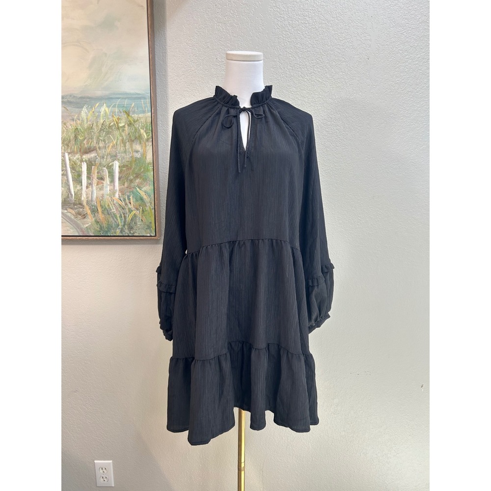 Molly Bracken Black Ruffle Tiered Mini Dress Long Sleeve Romantic Boho